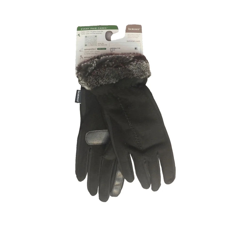 Isotoner Signature Black Fleece Gloves Faux-Fur Cuffs Sz One Size NWT